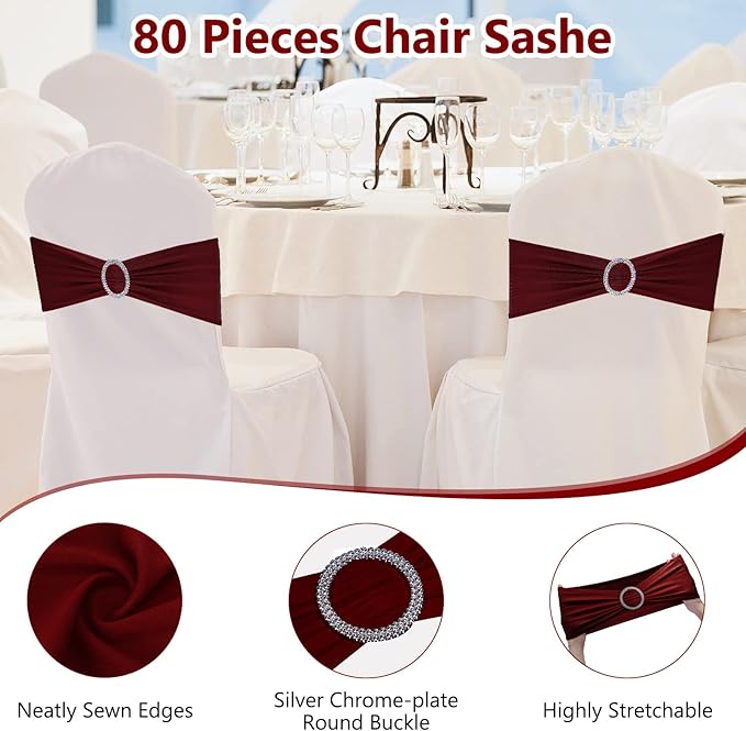 CHENGU 150 Pieces Spandex Stretch Chair Sashes Bows Elastic Chair Cover Bands Ties with Buckle Slider for Wedding Party Reception Events Universal Ceremony Banquet Decorations(Burgundy)