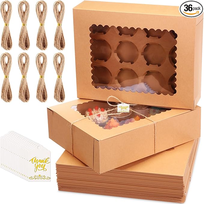 36 Pack Cupcake Boxes Hold 12 Standard Disposable Cupcake Containers with Window and Insert Cupcake Carrier with Thanks Card and Jute Rope to Muffins Cupcakes Cookies Gift Wrapping (Nature)