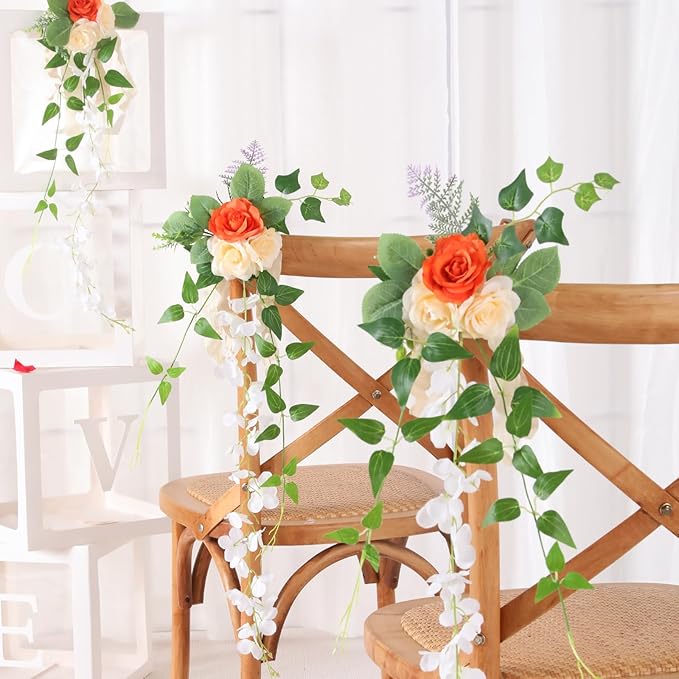 Wedding Aisle Decorations Set of 10 Chair Back Flowers Floral Pew Wedding Decorations for Ceremony with Chiffon Ribbons Fall Decor
