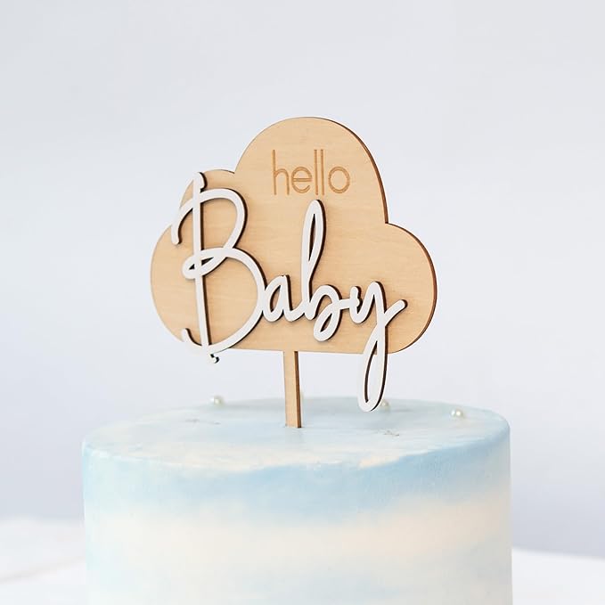 Hello Baby Wooden Cake Topper - Cloud Themed Baby Shower Party Cake Topper，Gender Reveal Party Decoration