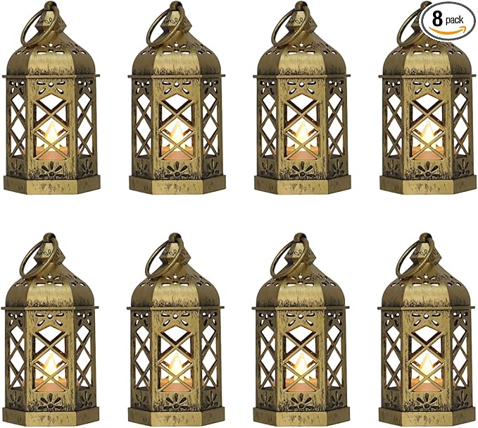 Mini Lantern with Flickering LED Candles for Halloween, LLQ (8Pack-5Inch) Vintage Decorative Candle Lanterns for Christmas Wedding Party Baby Shower Table Centerpiece, Xmas Tree Hanging Ornaments