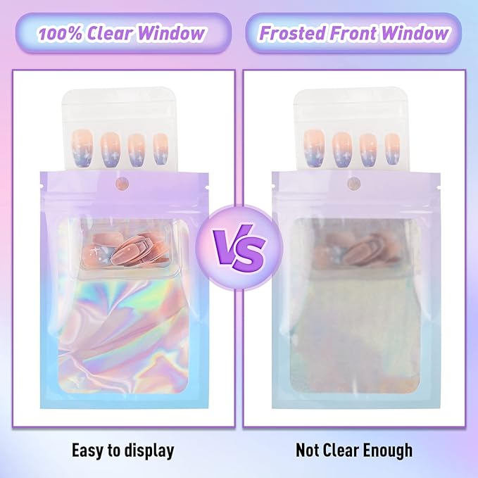 Funfery 100 Pack Gradient Holographic Bags,Mylar Resealable Bags with Zipper,Clear Window Packaging Pouchs,Foil Smell Proof Bag for Food Storage,Sample Jewelry Bag(6.3x9.4In,Purple Blue)