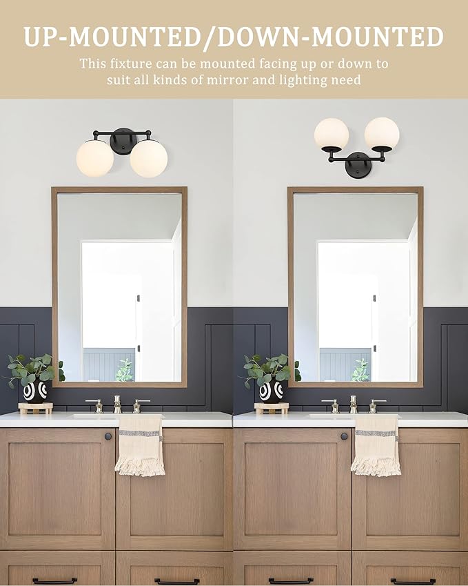 Black Vanity Light, 2 Light Black Modern Bathroom Light Fixtures Over Mirror with White Milk White Globe Glass Shade for Bathroom