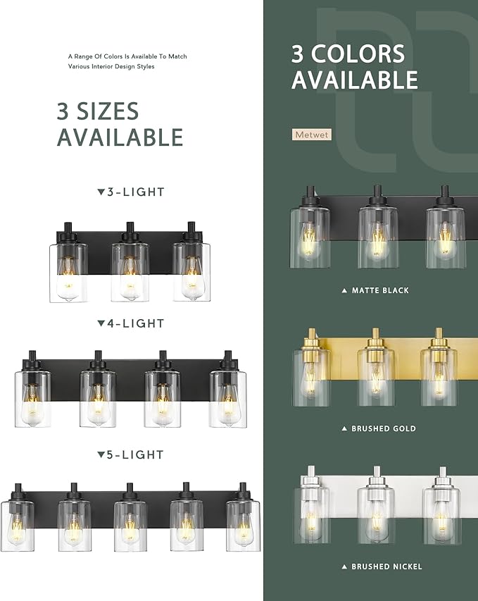 4-Light Bathroom Light Fixtures, Black Vanity Light with Cylinder Clear Glass Shade, Modern Vanity Lighting Fixtures Over Mirror, VL143-MB-4