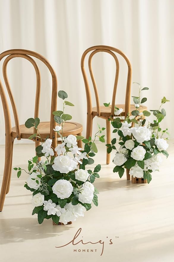 Ling's moment 17.5" Tall Standing Artificial Flowers Arrangements 4 pcs Wedding Aisle Runner Chair Decorations White Sage Centerpieces for Ceremony Reception Rose Floral Party Outdoor Decor