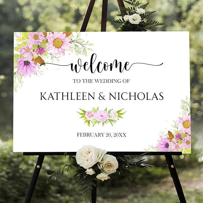 Blush Pink Floral Wedding Welcome Sign Template, Editable Printable Soft Pink Sign with Watercolor Flowers, Elegant Wedding Entrance or Reception Decor