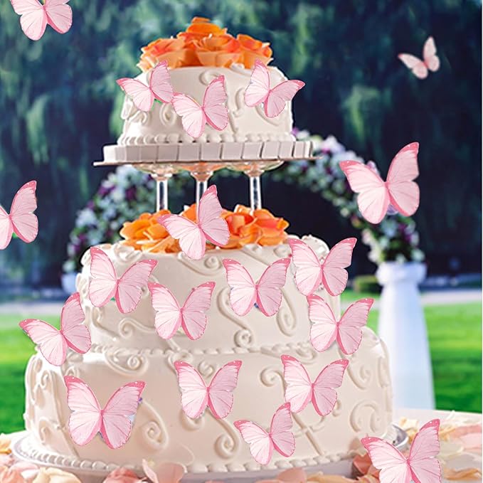 48Pcs Edible Butterflies for Cake Decorations Pink Wafer Paper Butterfly Cupcake Toppers Wafer Glutinous Paper Butterflies for Wedding Baby Shower Kids Birthday Party Cupcakes Decorating (Pink)