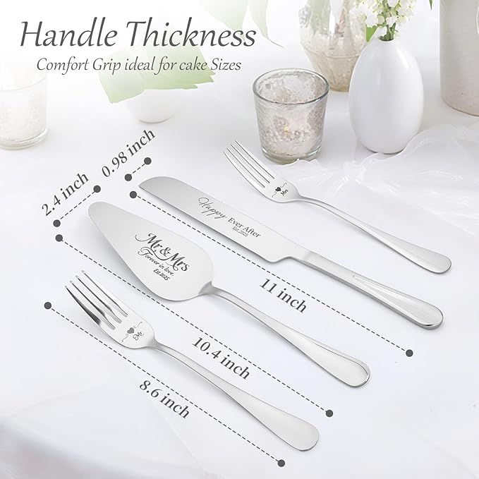 wedding cake knife and server set,Silver wedding cake knife and server set 2025,4Pcs Set with Forks for Engagements, Anniversary Bridal Shower Christmas Gifts.