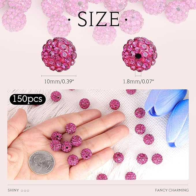 150 pcs 10mm Rhinestone Beads for Jewelry Making, Fuchsia Shiny Round Shamballa Disco Beads Bulk, Sparkle Crystal Clay Christmas for Bracelet Baseball Necklace Earring Crafting and DIY
