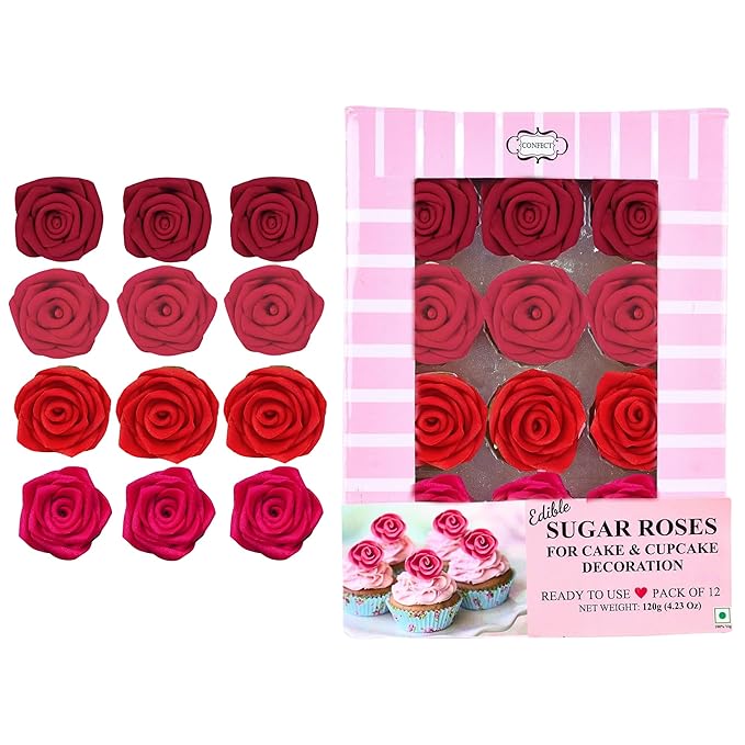 Confect Edible Rose Toppers – Pack of 12 Edible Roses for Cake, Cupcake & Doughnut Decorating – Elegant Ombre Floral Toppers for Desserts-Vegan, Dairy-Free, Palm Oil-Free - Pack of 12