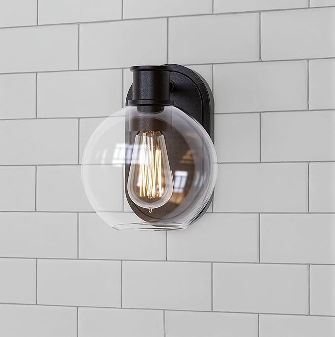 Dan Modern Farmhouse 1-Light Wall Sconces Light with Clear Glass Globe Shade in Dark Bronze Finish for Hallway, Entryway, Bathroom, Garage, Kitchen, Living Room