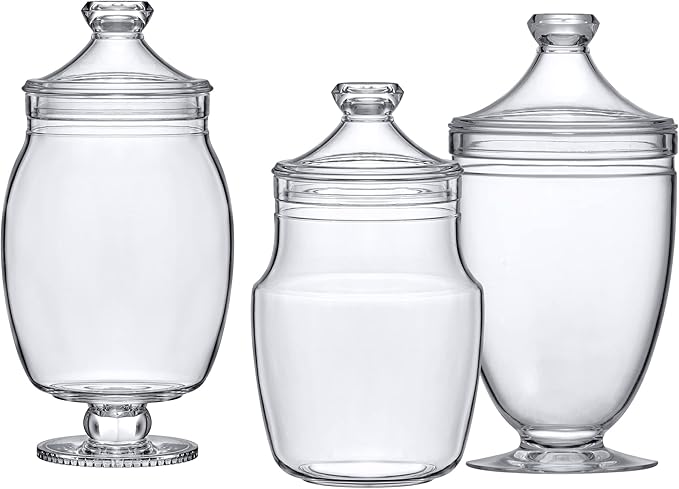 Amazing Abby - Keep - Acrylic Apothecary Jars (3-Piece Set), Plastic Jars with Lids, Bathroom Canisters, Vanity Organizers, Candy Buffet, Wedding Display, BPA-Free and Shatter-Proof (NOT Glass)