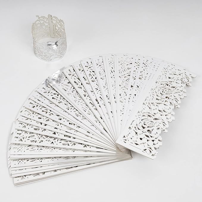 100pcs Disposable Rose Flower Paper Napkin Rings Laser Cut Foil Paper Napkin Holder, Leaf Vine Serviette Rings for Table Decoration,Christmas,Wedding,Party (Silver)