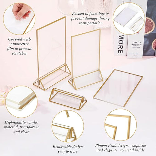 16 Pieces Gold Rimmed Clear Acrylic Table Sign Holders, Double Sided Frame with Gold Border and Vertical Stand for Wedding Table Number, Restaurant Sign, Photo Display, Menu Holder (4 x 6 Inch)