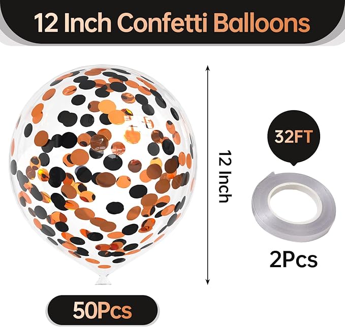 50pcs Orange and Black Foil Confetti Balloons,12 inch Latex Balloon with Orange Black Confetti Inside for Halloween Party Decorations