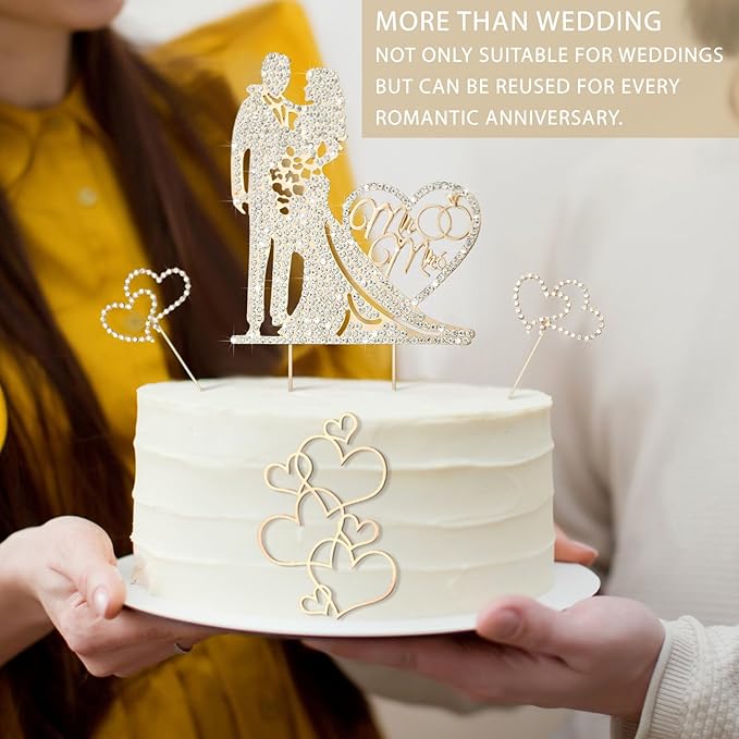 Spiareal 4 Pcs Wedding Cake Topper Mr and Mrs Rhinestone Bride and Groom Love Cake Topper Metal Crystal Heart Shaped Happy Engagement Anniversary Funny Diamond Party Decor for Bridal Shower(Gold)