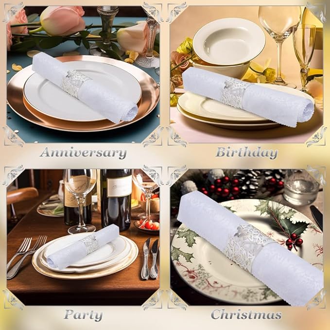 150PCS Rose Flower Paper Napkin Rings, Simple Napkin Holders Dinner Tables Rings Elegant Ornament Table Setting Decoration for Wedding, Christmas, Thanksgiving, Holiday, Party (Silver)