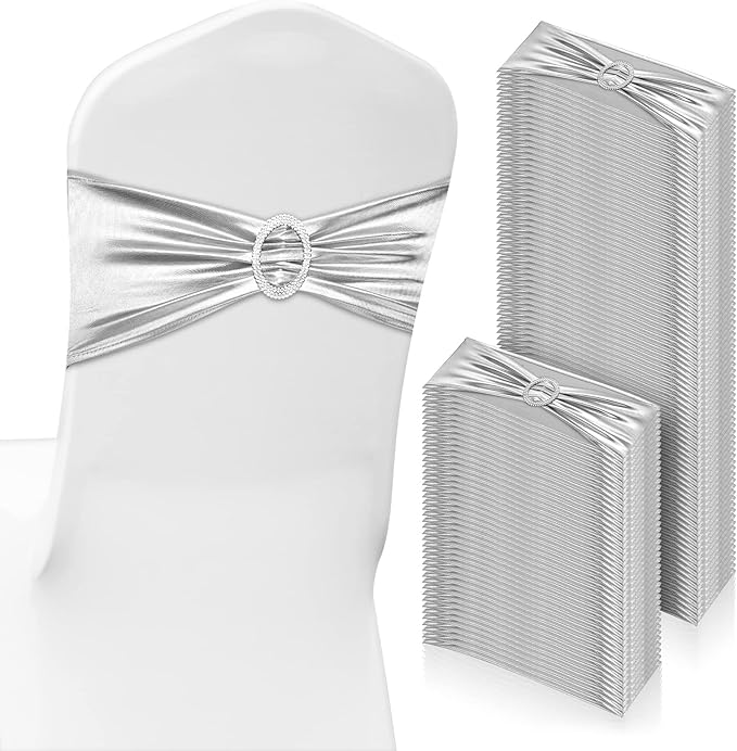 CHENGU 150 Pieces Spandex Stretch Chair Sashes Bows Elastic Chair Cover Bands Ties with Buckle Slider for Wedding Party Reception Events Universal Ceremony Banquet Decorations (Silver)