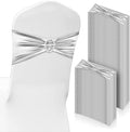 CHENGU 150 Pieces Spandex Stretch Chair Sashes Bows Elastic Chair Cover Bands Ties with Buckle Slider for Wedding Party Reception Events Universal Ceremony Banquet Decorations (Silver)