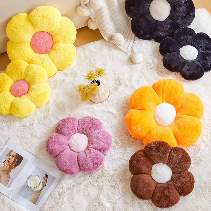 Yellow Flower Plush Throw Pillow, Cute Decorative Flower Shaped with Faux Rabbit Fur, 19.6" Soft Plush Floor Pillow for Bedroom Living Room