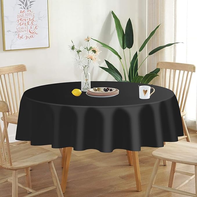 QIKSION Black Round Tablecloth 12 Pack, 84 Inch Plastic Table Cover Disposable for Parties