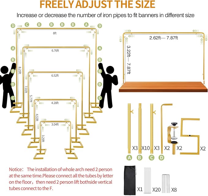 8.2FT Square Arch Backdrop Stand,Metal Gold Backdrop Stand Heavy Duty Adjustable,Extra 2 Clamps Change Over The Table Rod Stand,Wedding Balloon Arch Stand for Baby Shower Parties Decoration