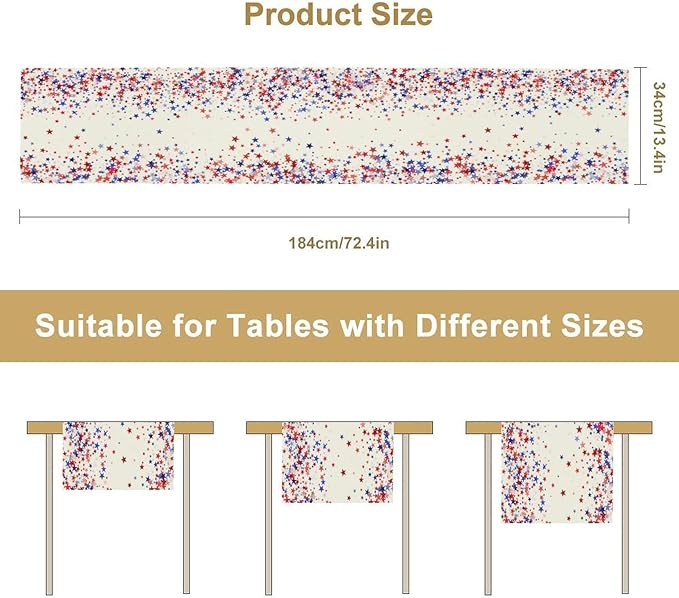 Independence Day Table Runner, 4th of July Red Blue Stars American President Day Holiday Confetti Print Table Cover for Kitchen Dining Table Indoor Outdoor Party, 13x60inch
