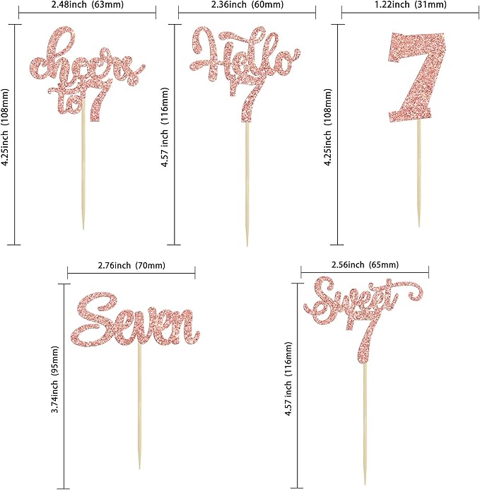 30Pcs 7th Birthday Cupcake Toppers Glitter Seven Happy 7 Cupcake Picks Cheers to 7 Years Old Cake Decorations for 7th Birthday Party Supplies Rose Gold