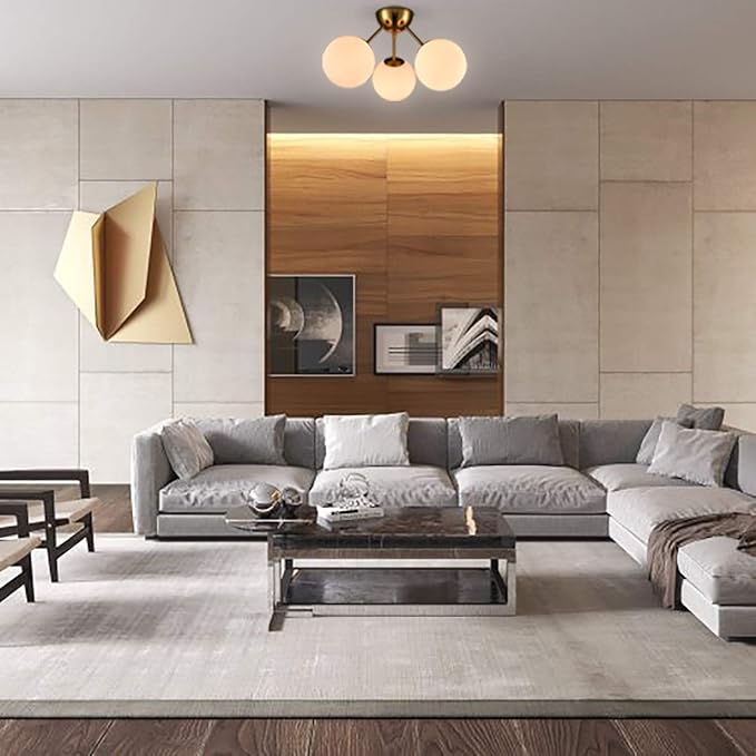 HOLKIRT Classic Mid Century Modern Globe Semi Flush Mount Ceiling Light Sputnik Chandeliers,White Frosted Glass Gold Finished for Living Room Dining Room Bedroom 3- Light