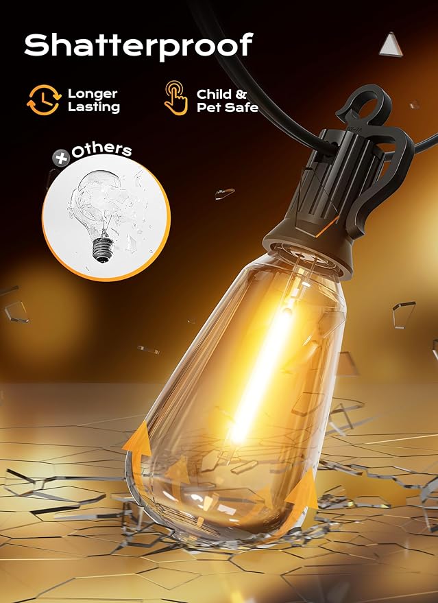 Outdoor-String-Lights-Patio-Lights, 100FT ST38 Shatterproof Dimmable Waterproof Connectable LED Christmas Lights, Hanging Outside Light for Backyard, Porch, Deck, Balcony, Garden, Home Decor