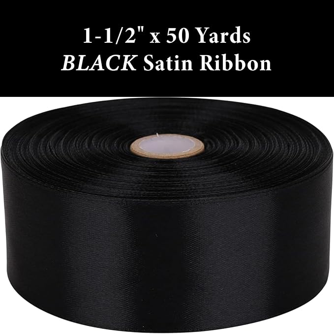 1-1/2" x 50 Yards Black Satin Ribbon Single Faced Fabric Ribbons for Gift Wrapping, Crafting, Floral Arrangements, Flower Bouquet, Wedding, Home Decor