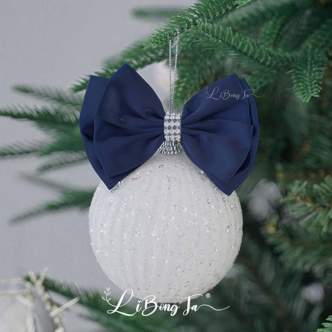 Navy Satin Bows 4'' Premade Blue Ribbon Bow, Gift Bows with Rhinestone, Wrapping Bows for Presents, Greeting Cards, Treat Bags, Wine Bottles, Valentines Bows for Gift Wrapping-12 Counts