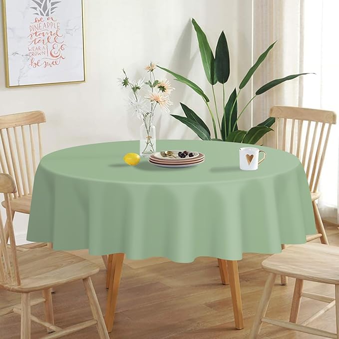QIKSION Sage Green Round Tablecloth 12 Pack, 84 Inch Plastic Table Cover Disposable for Parties