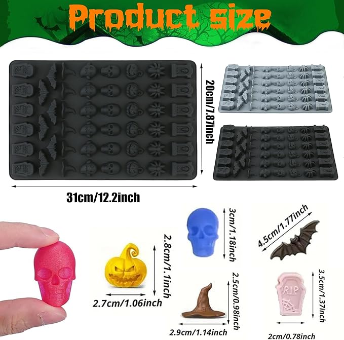 (2 Pack) Silicone Halloween Molds, 96-Cavity Pumpkin Ghost Wizard Hat Bat Spider Tombstone Skull Halloween Silicone Gummy Molds For Chocolate, Fondant, Cupcake Decoration, Biscut - Black&Gray