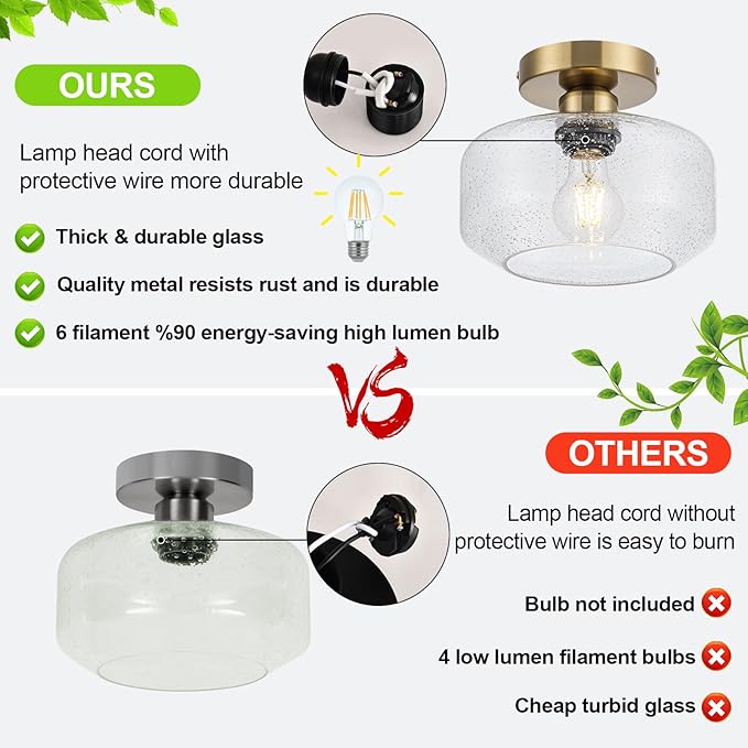 Simple & Elegant Semi Flush Mount Ceiling Light - Gold and Brass Fixture w/ 900LM LED Bulb for Kitchen, Bathroom, Hallway Lighting | Vintage Seeded Glass | Easy Install