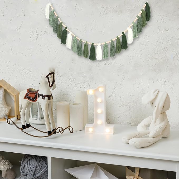 Green Boho Yarn Tassel Garland Sage Green Garland Wall Hanging Decor Forest Woodland Tassel Banner with Beads for Nursery Classroom Office Birthday Party Kids Room Baby Shower Decoration