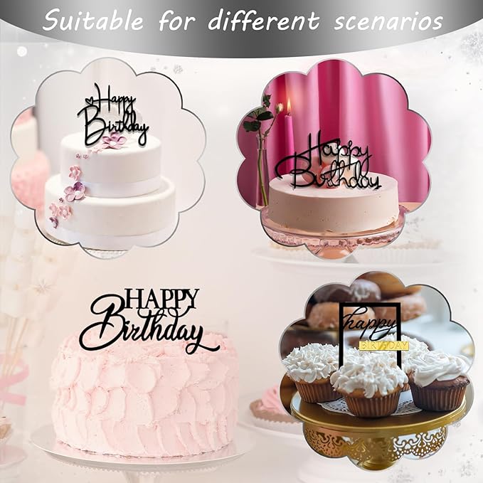 10 PCS Black Birthday Cake Topper Mirror Acrylic Happy Birthday Cake Toppers Double-Sided Dessert Decorations for Girls Women's Party Supplies