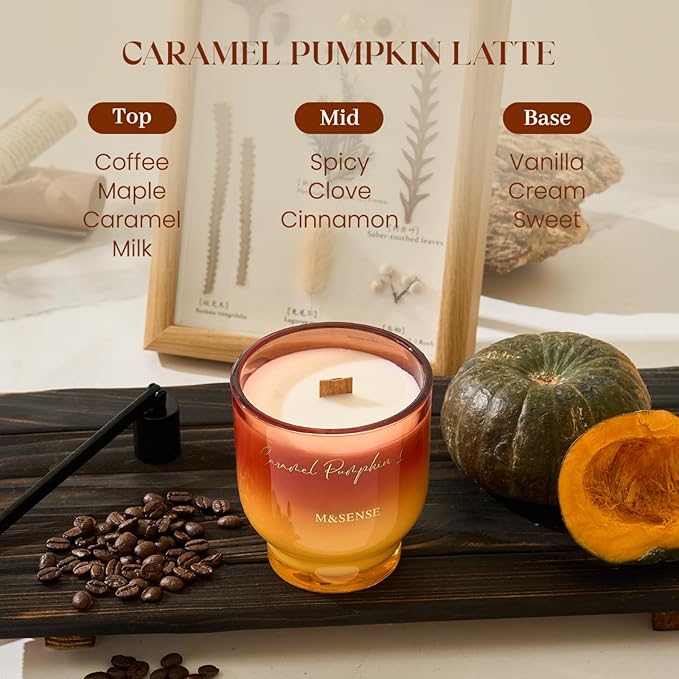 M&SENSE 9.88oz Natural Soy Wax Jar Candle with Wooden Wick | Caramel Pumpkin Latte Scent | 55-Hour Burn & Long-Lasting Burn | Housewarming Gift for Men and Women