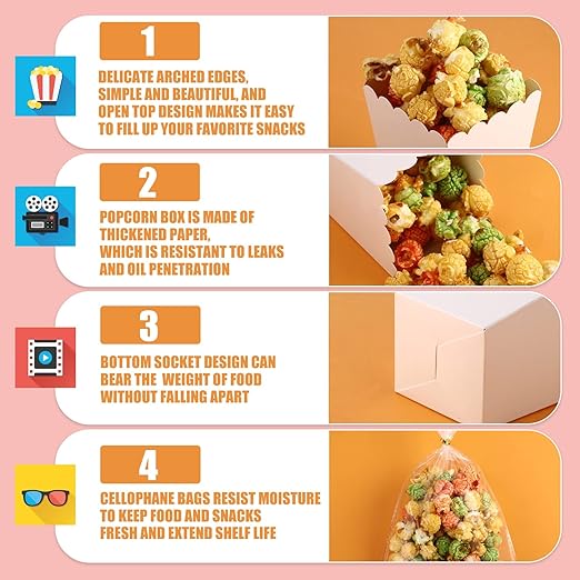 Zopeal 200 Pcs Mini Popcorn Boxes and Clear Treat Bag Set, Bulk Popcorn Bags Open Top Paper Popcorn Containers with Treat Bags Popcorn Candy Boxes for Movie, Party, 3 x 4 Inch (White)