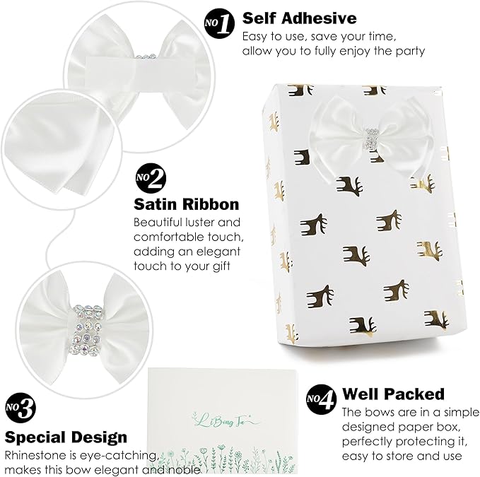White Satin Bows 4'' Premade White Ribbon Bows, Gift Bows with Rhinestone, Wrapping Bows for Presents, Greeting Cards, Treat Bags, Wine Bottles, Valentines Bows for Gift Wrapping-12 Counts