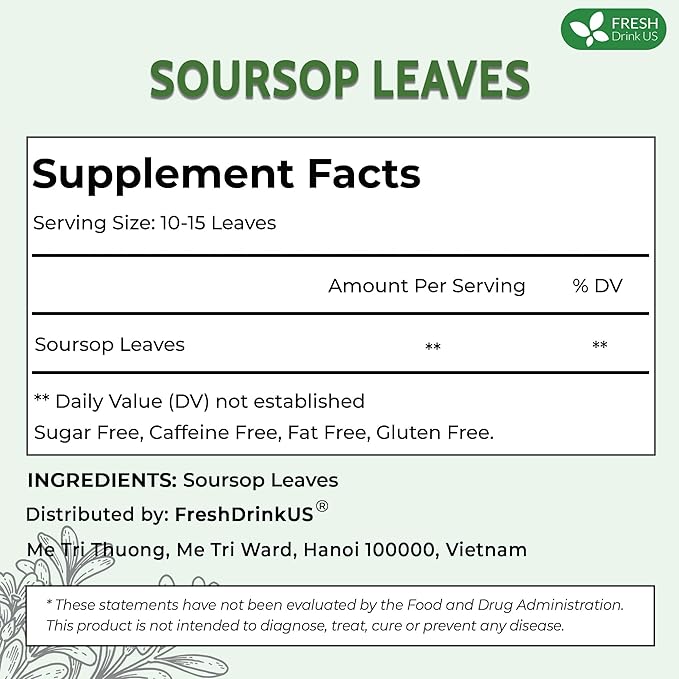 FreshDrinkUS, 120+ Premium Soursop Graviola Dried Leaves Tea, 40 Cups, 120-130 Natural Leaves, Whole Leaves, Wildcrafted, Graviola, Hoja Guanabana, Soursop Loose Leaf Herbal Tea, No Gluten, Vegan
