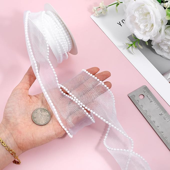 1.5 Inch Faux Pearl Ribbon, Smooth White Ribbon with Pearl Edges Wire, 4.5m Sheer Mesh Ribbons for Gift Wrapping, Bows Bouquet Decor Crafts, Wedding Bridal Decorations