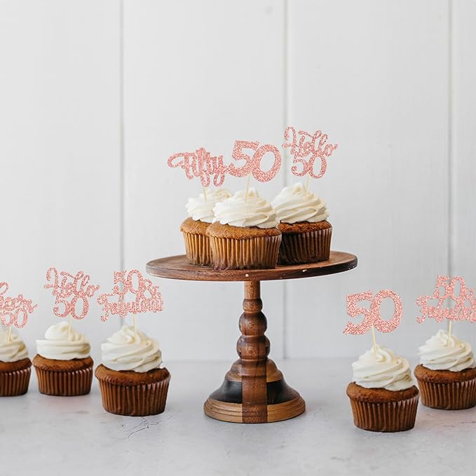 30Pcs Happy 50th Birthday Cupcake Toppers Rose Gold Glitter Fifty Cheers to 50 Years Old Birthday Cupcake Picks for 50th Birthday Anniversary Party Cake Decorations Supplies