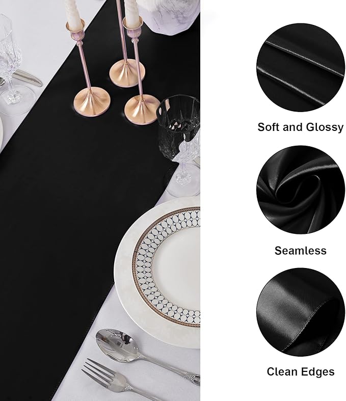 12Pack Table Runner 12 x 108 Inches Satin Silk Table Runner for Wedding, Birthday Party, Banquets, Graduations Decoration, fit Rectange and Round Table-Black