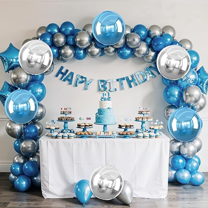 6Pcs Blue Silver Round Foil Balloons, 22inch 4D Metallic Silver Blue Balloons, Large Round Foil Ball Balloon for Boys Men Birthday Graduation Wedding Anniversary Party Backdrop Decoration