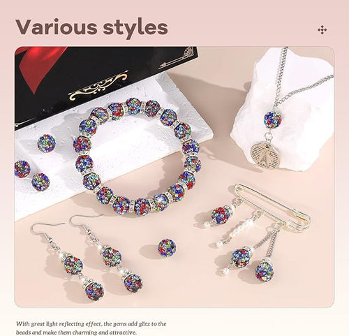 160pcs 10mm Rhinestone Beads for Jewelry Making, Black Mixed Shiny Round Disco Ball Beads Bulk, Sparkle Crystal Clay Christmas for Bracelet Baseball Necklace Earring Crafting and DIY