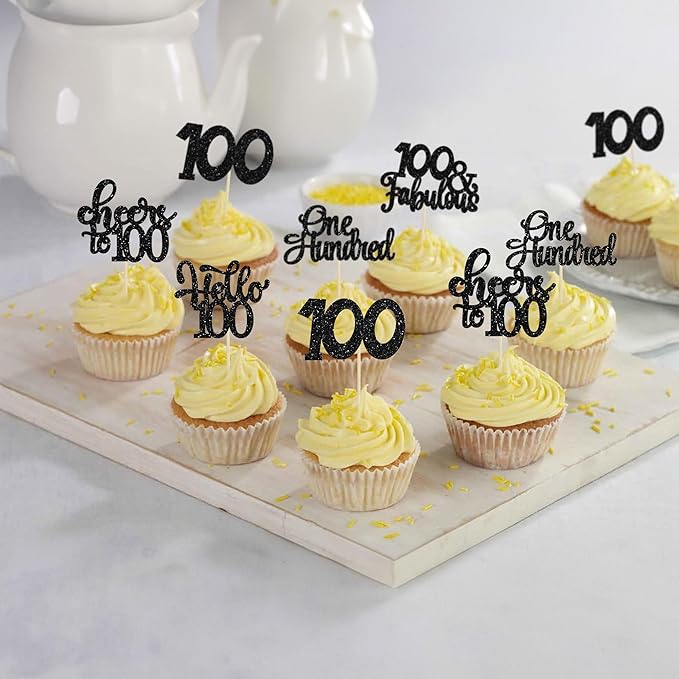30pcs Happy 100th Birthday Cupcake Toppers - Black Glitter One Hundred Cheers to 100 Years Old Cupcake Picks for Anniversary Party Cake Decorations