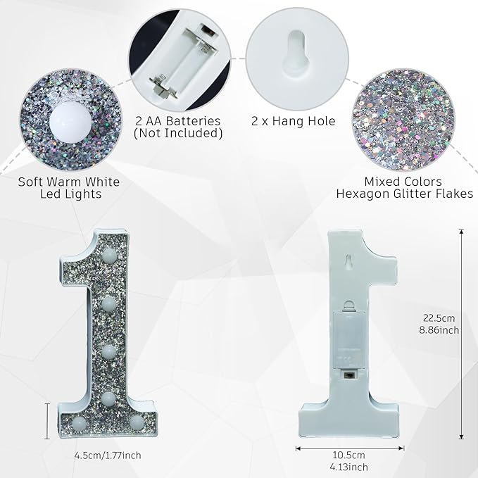 Light Up Letters, Marquee Light Letters for Table Decorations, Glitter Light Up Signs for Prom, Events, or Engagement Party Decor, Featuring Alphabet & Number Lighted Letters, Number 1