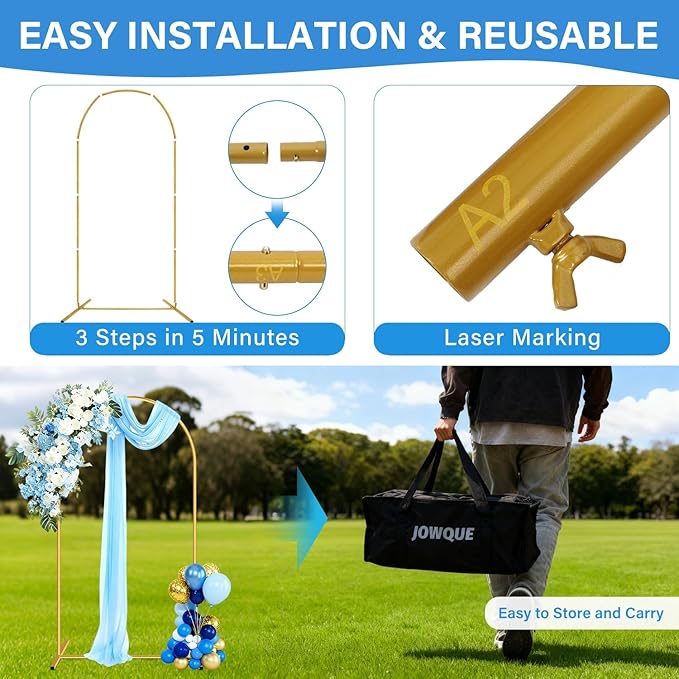 Heavy Duty Metal Arch Backdrop Stand, 6FT Stable Gold Arch Stand with Ground Stakes and Water Bags, Balloon Arch Stand for Wedding Party Baby Shower Photo Flower Arch Decration (6FT)