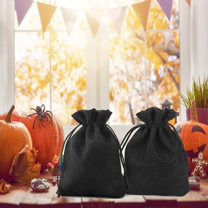 20Pcs Black Burlap Gift Bags with Drawstring, 5.9 x 7.5 Inch Linen Jewelry Gift Bags for Halloween Goodies Christmas Wedding Favor and DIY Craft